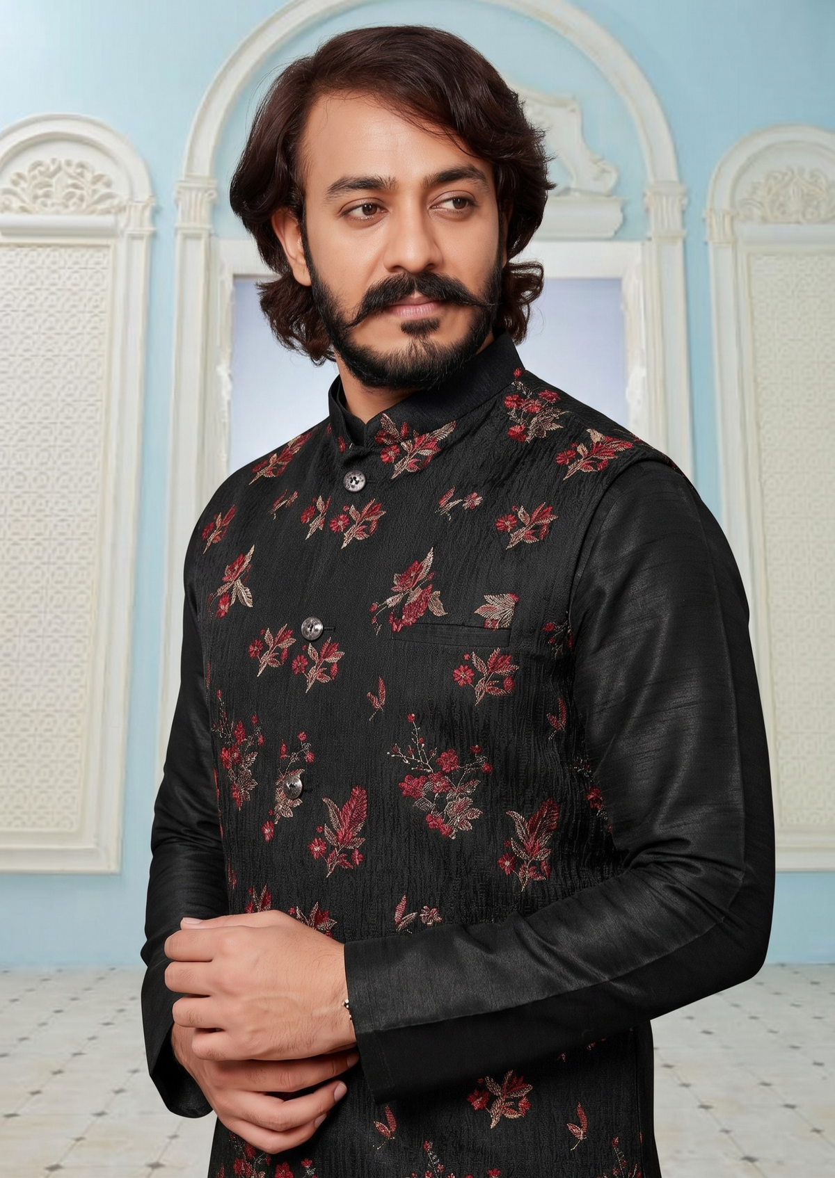 KPD2009 Black Kurta Pyjama Set With Designer Black Jacket (Koti) and Pocket Square