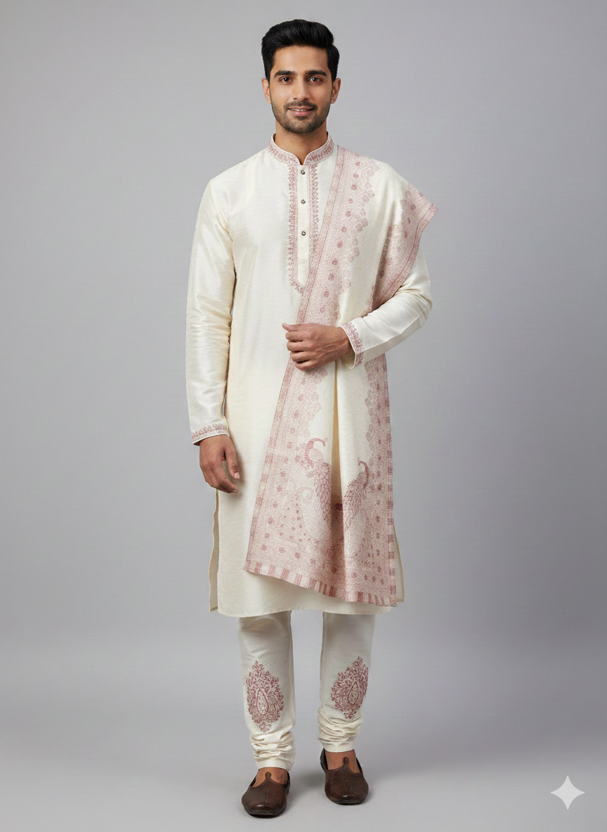 Man wearing a traditional white kurta with pink embroidery on a gray background