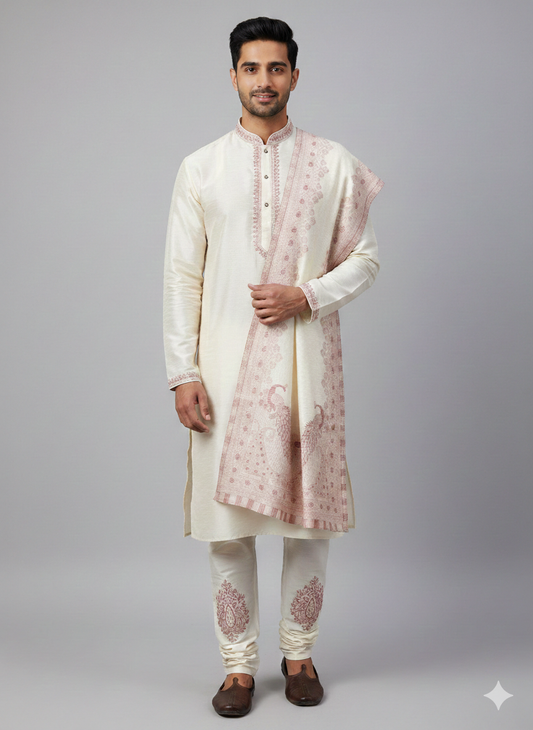 Man wearing a traditional white kurta with pink embroidery on a gray background