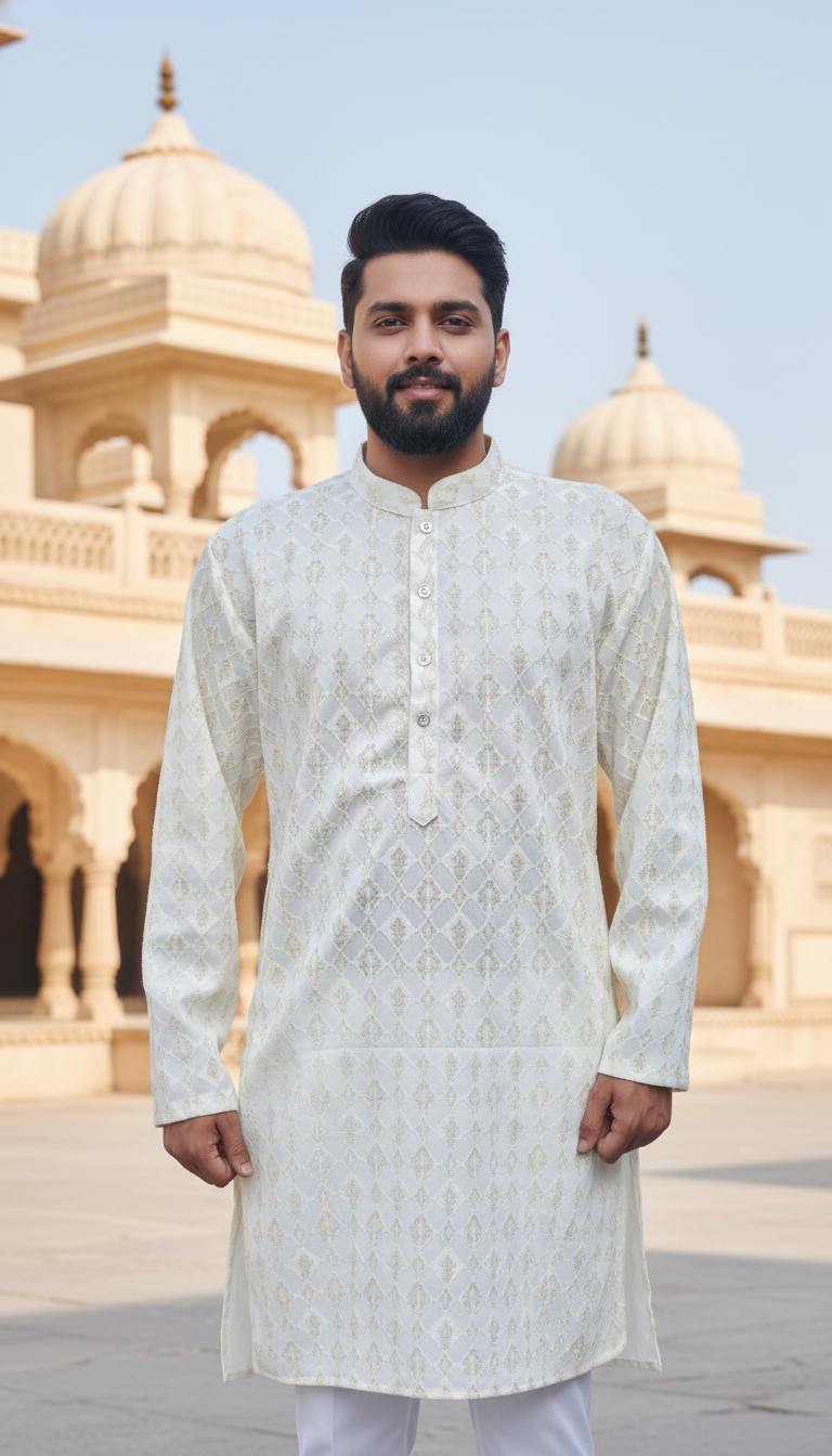 KPD6160 Ivory Gold Jacquard Weave Kurta Pyjama Set with Metallic Shine