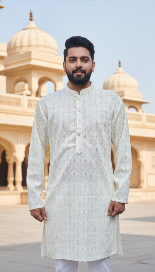 KPD6160 Ivory Gold Jacquard Weave Kurta Pyjama Set with Metallic Shine