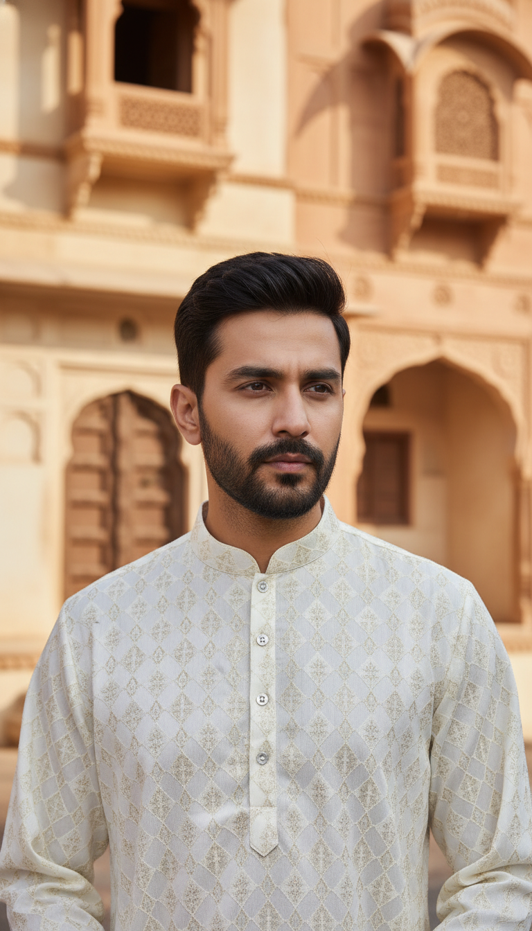 KPD6160 Ivory Gold Jacquard Weave Kurta Pyjama Set with Metallic Shine