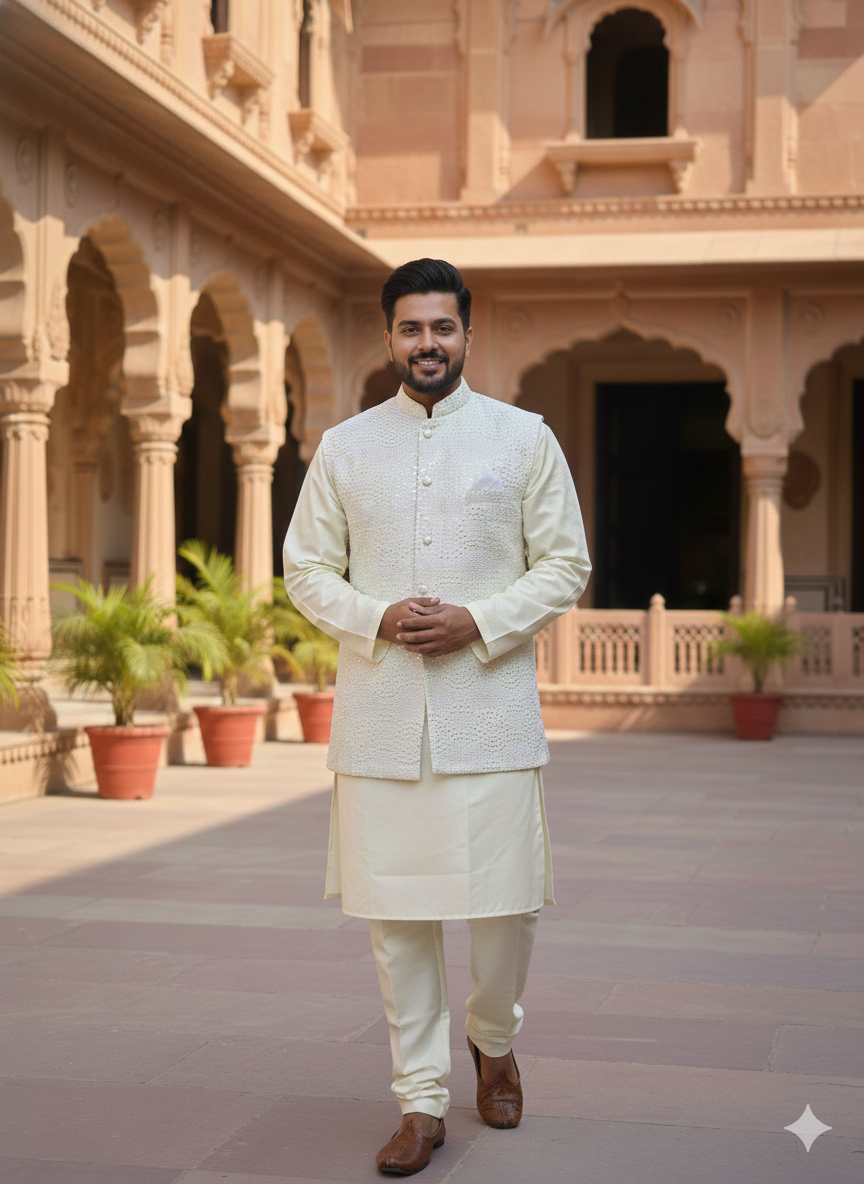 Man in a cream traditional kurta pyjama with nehru jacket standing in an architectural courtyard.