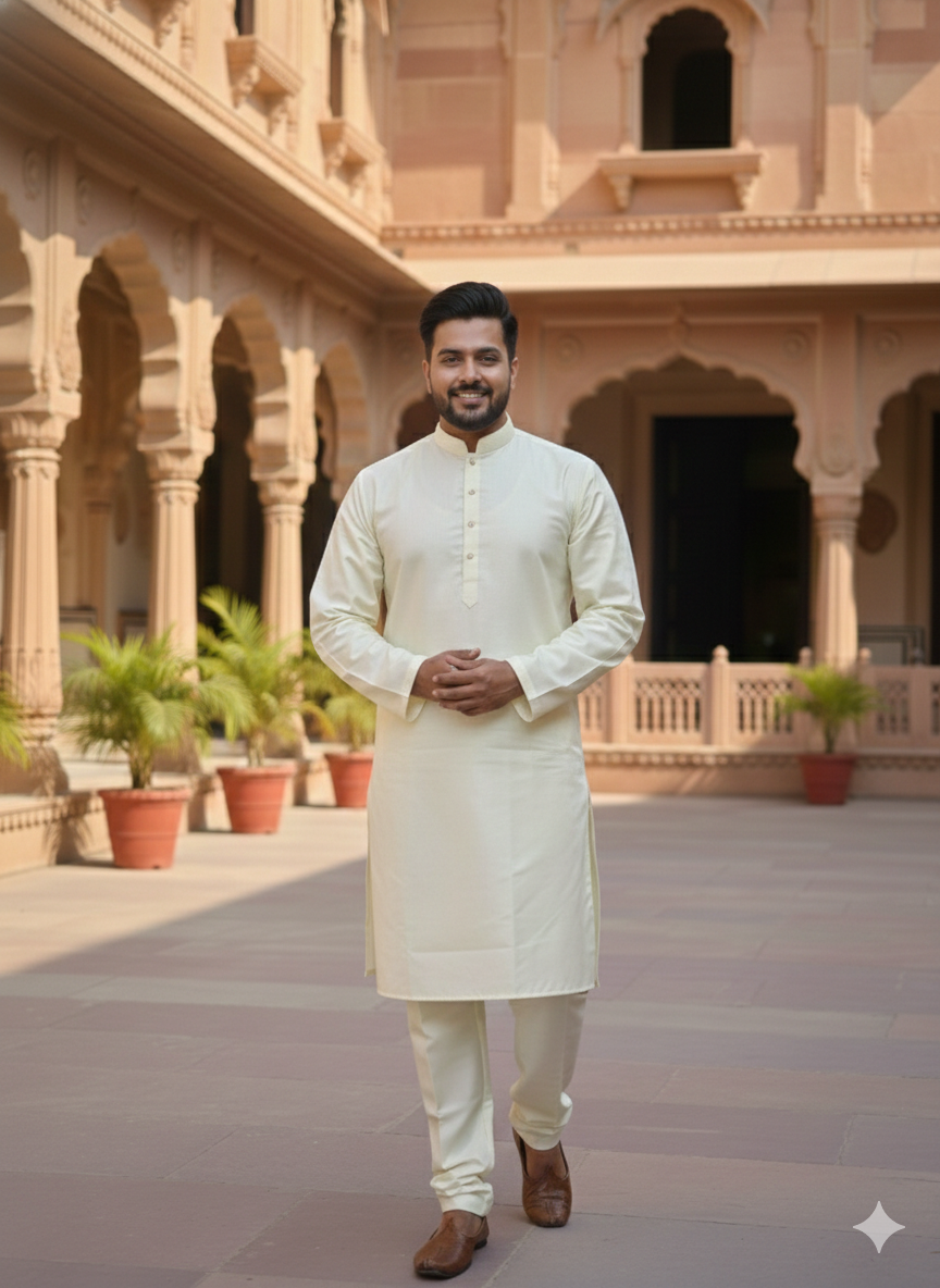 Man in a cream kurta pyjama standing in front of an architectural building with arches and columns.