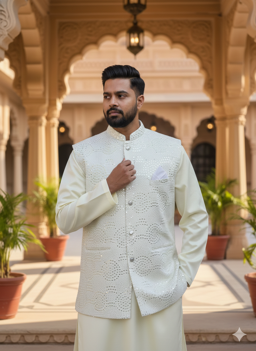 Man wearing a traditional creme kurta pyjama and Nehru jacket set in an ornate architectural setting