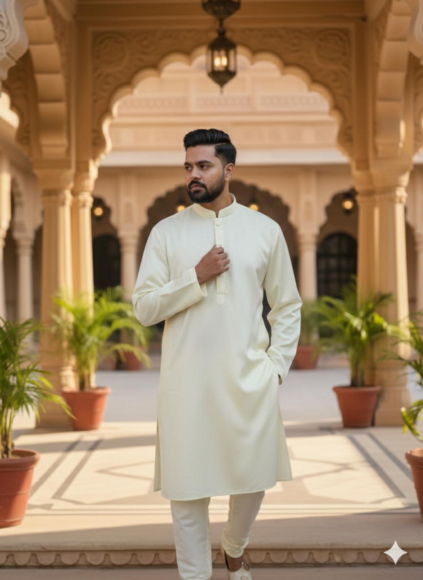 Man in a creme kurta pyjama standing in an ornate architectural setting with plants.