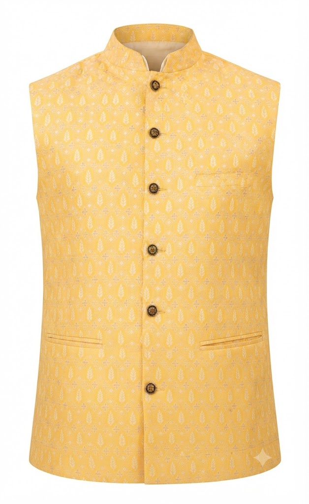 KPJ7127 Yellow Jacquard Nehru Jacket