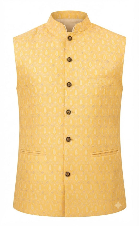 KPJ7127 Yellow Jacquard Nehru Jacket