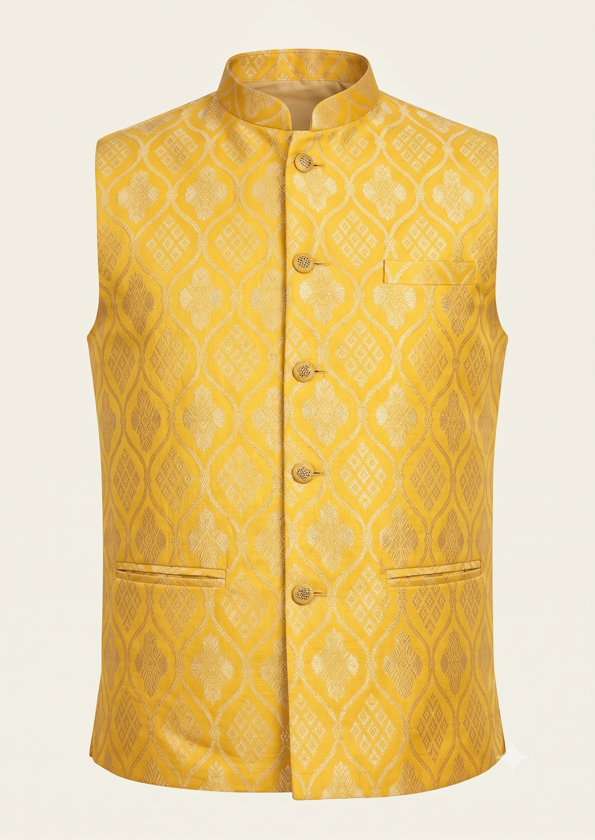 KPD2021 Cream Kurta Pyjama Set With Designer Yellow Floral Jacket (Koti) and Pocket Square