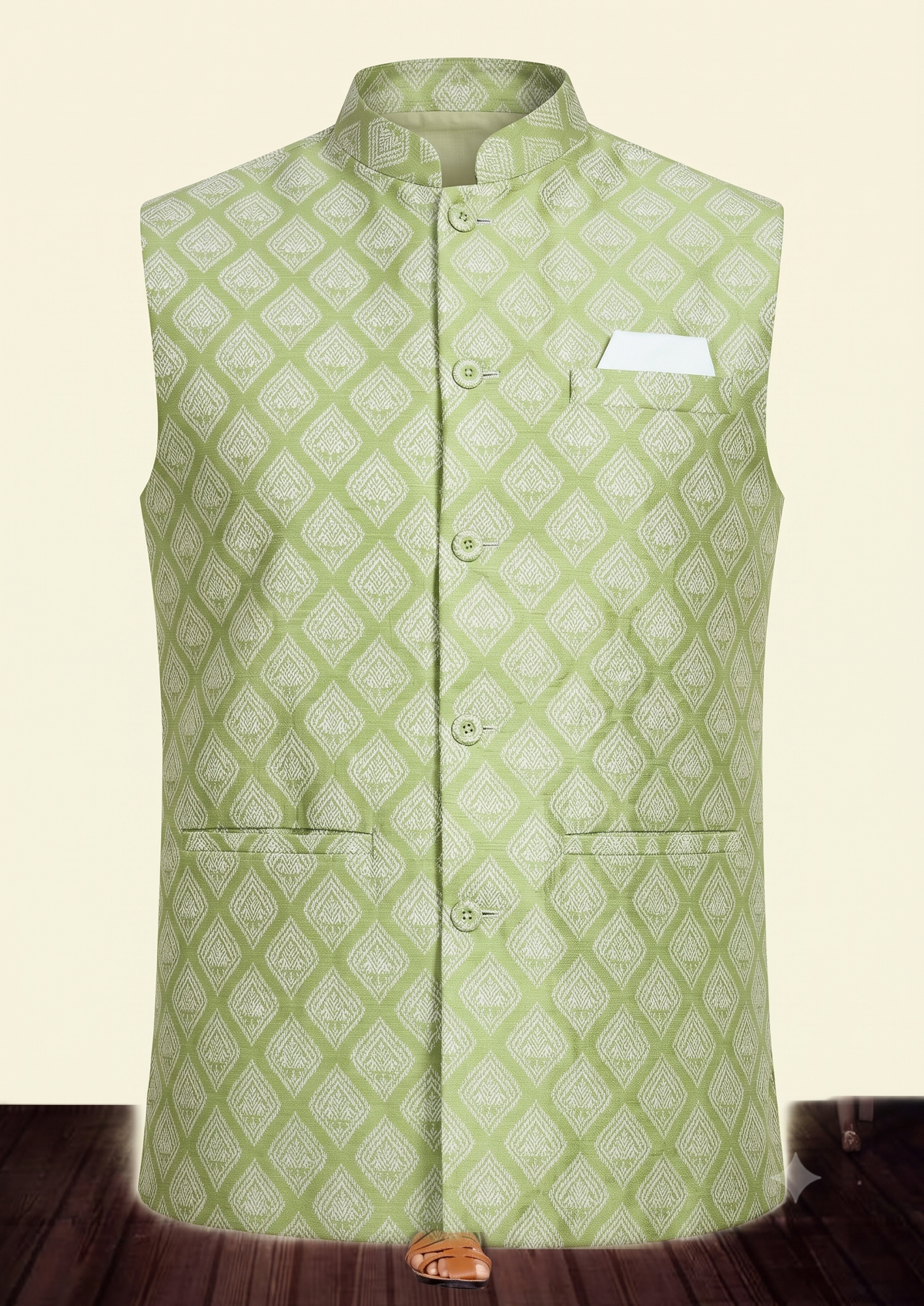 KPD2019 Cream Kurta Pyjama Set With Designer Pale Green Floral Jacket (Koti) and Pocket Square