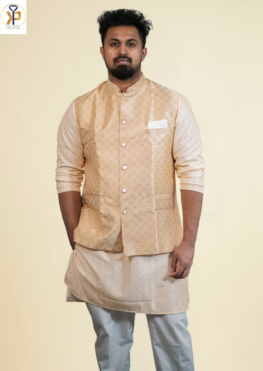 Men's Light Peach Kurta with Golden Nehru Jacket