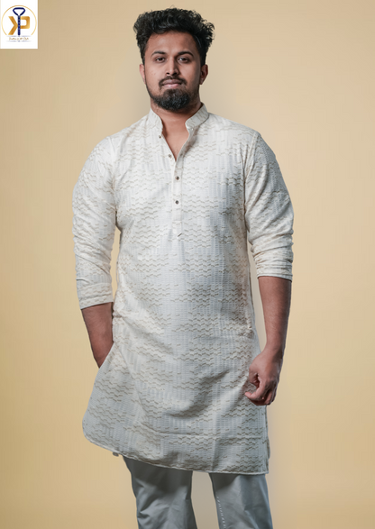 White Jacquard Kurta Pyjama Adorned with Fine Work