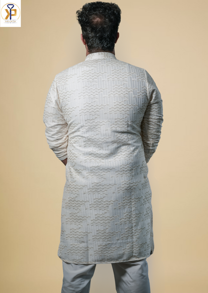  White Jacquard Kurta Pyjama with Work