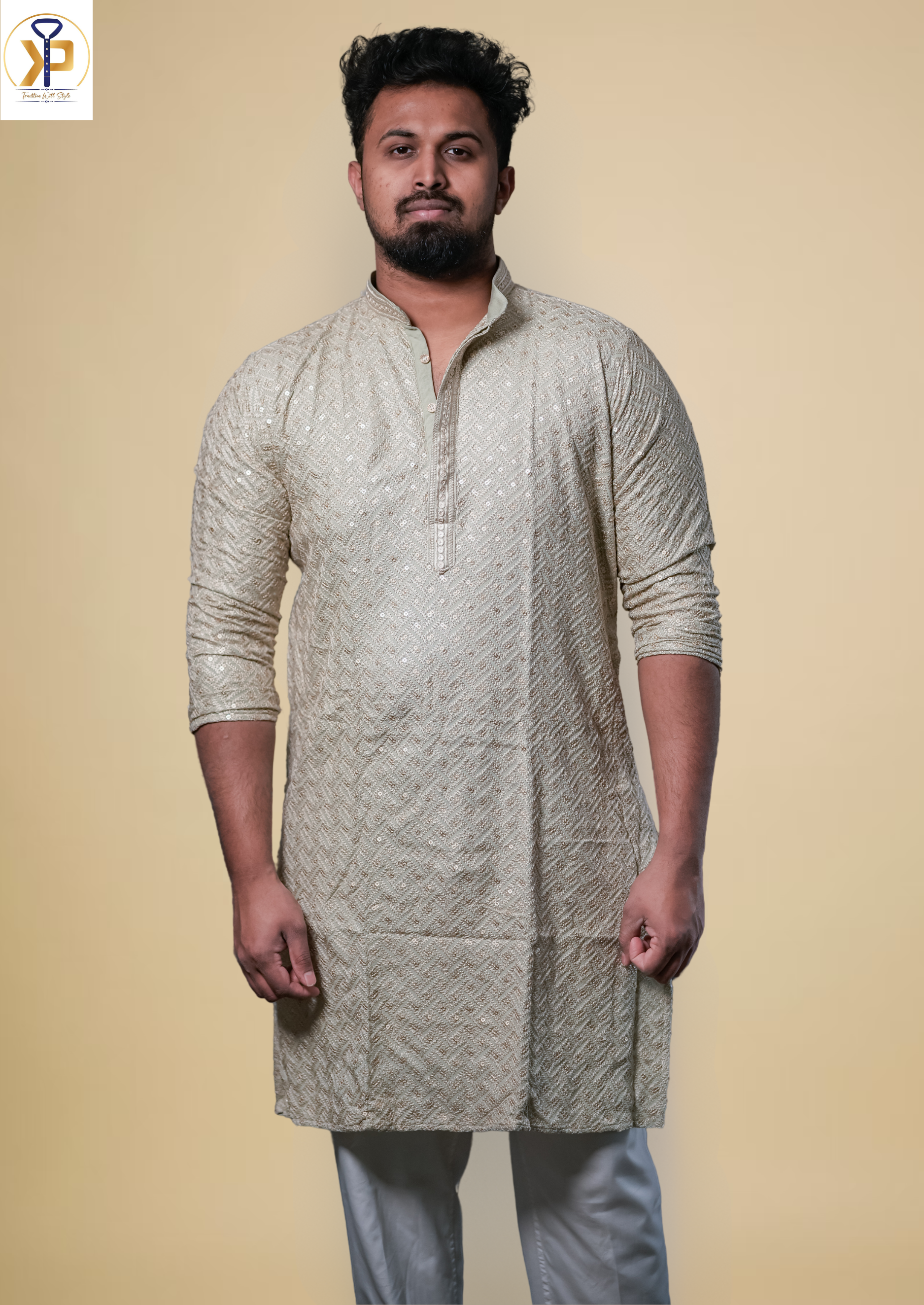 champagne heavy work kurta pyjama for men