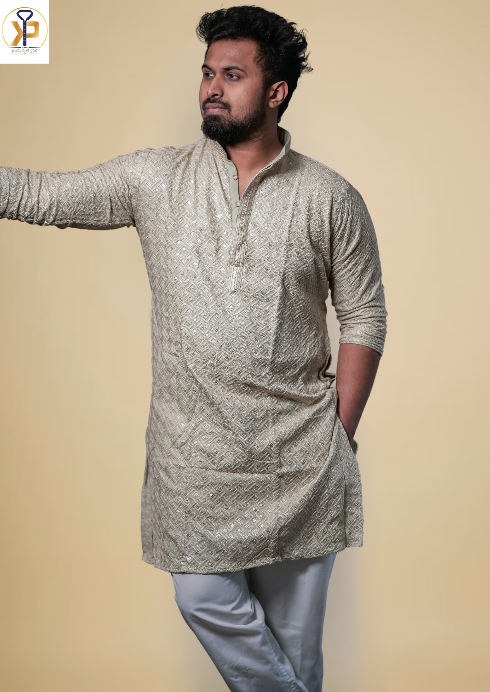 Champagne Kurta Pyjama with Exquisite Heavy Work