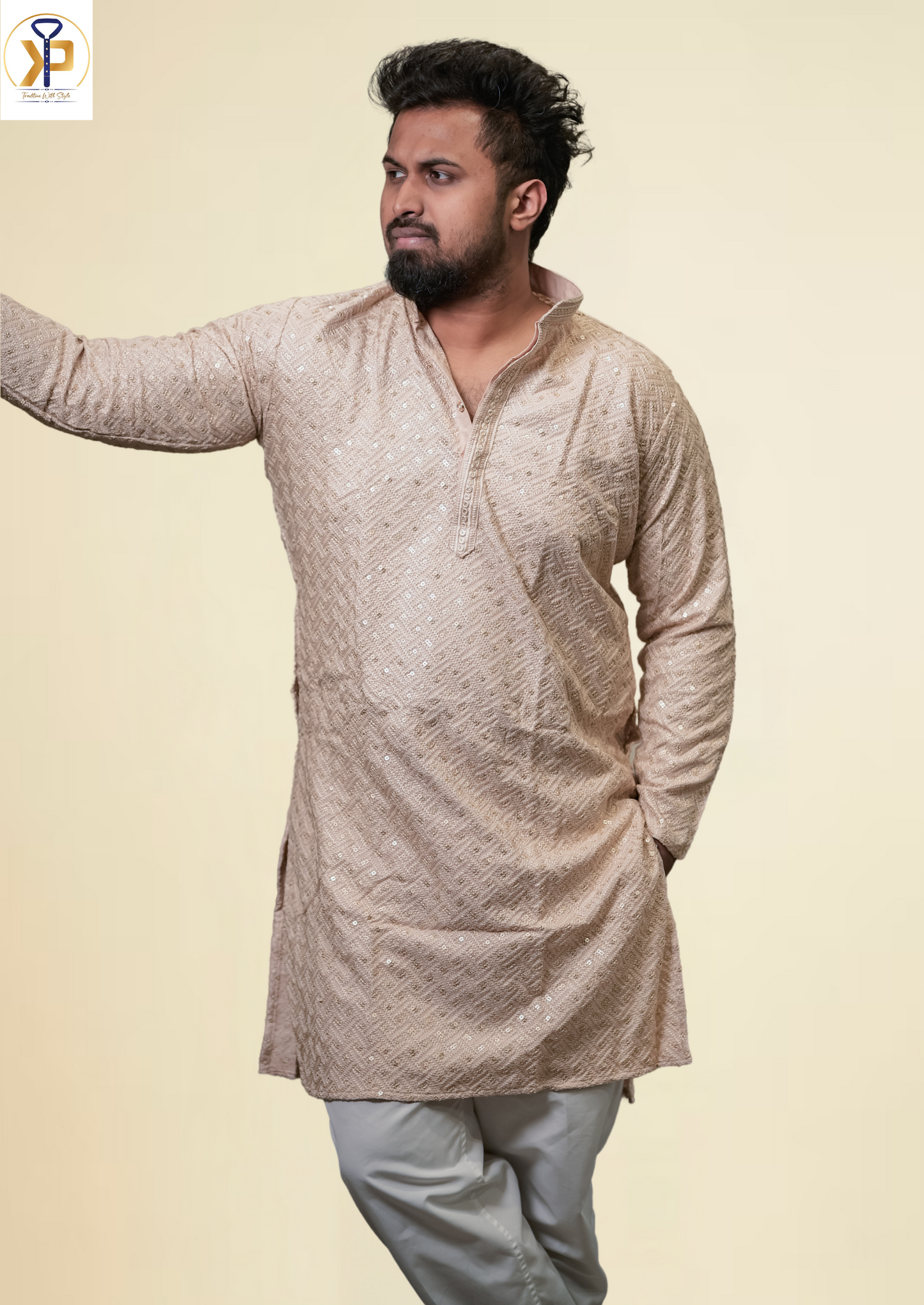 Beige Kurta Pyjama Featuring Elegant Mirror Work