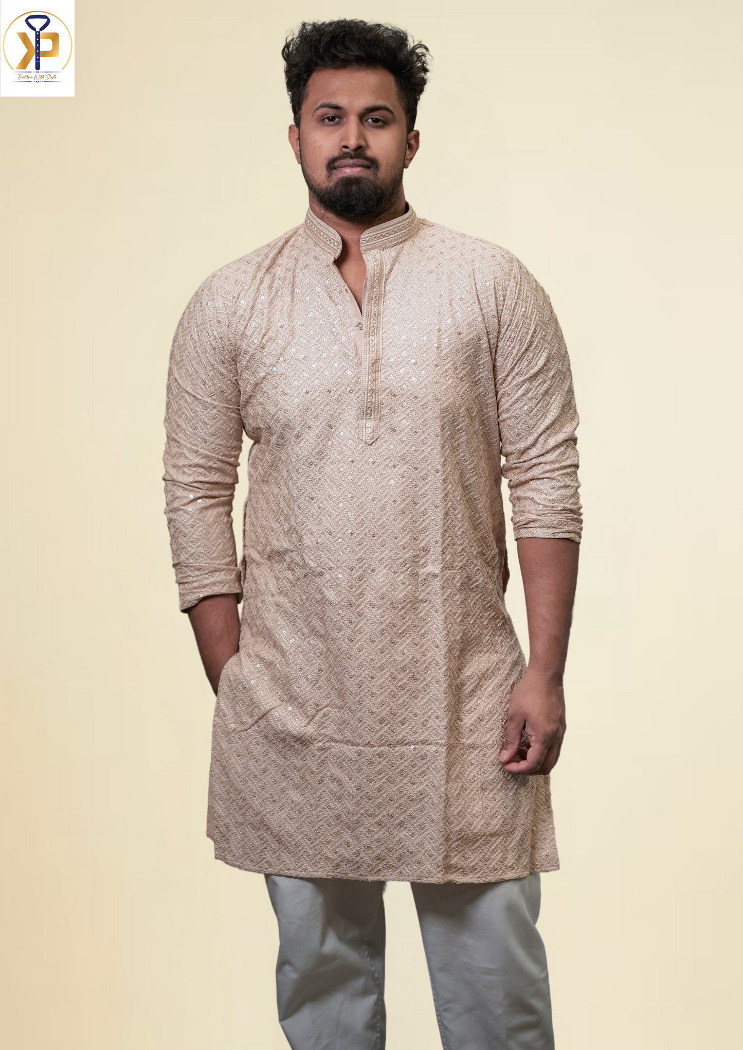 Beige Mirror Work Designer Kurta Pyjama