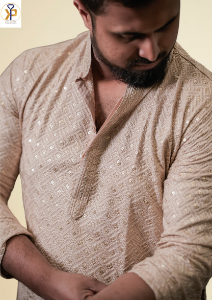 Beige Kurta Pyjama with Intricate Mirror Work