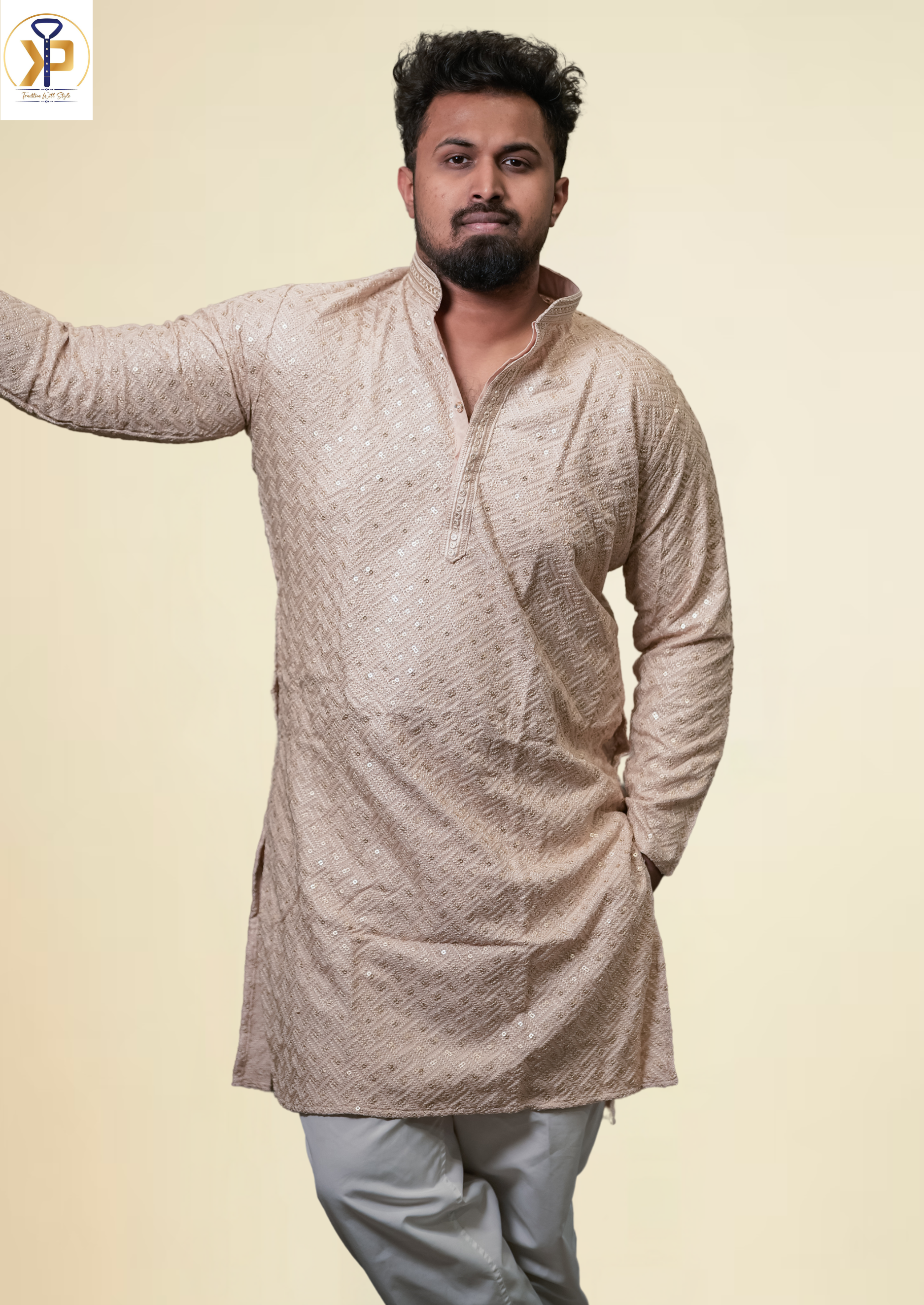 Beige Kurta Pyjama Adorned with Mirror Work