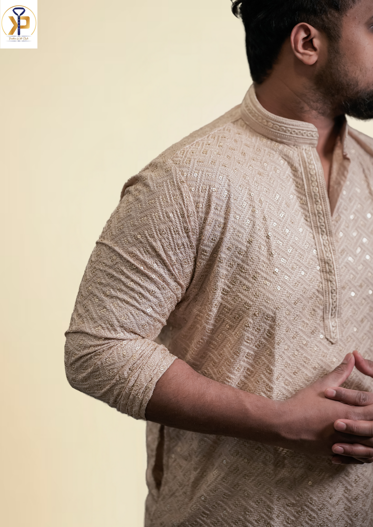 Beige Mirror Embellished Kurta Pyjama