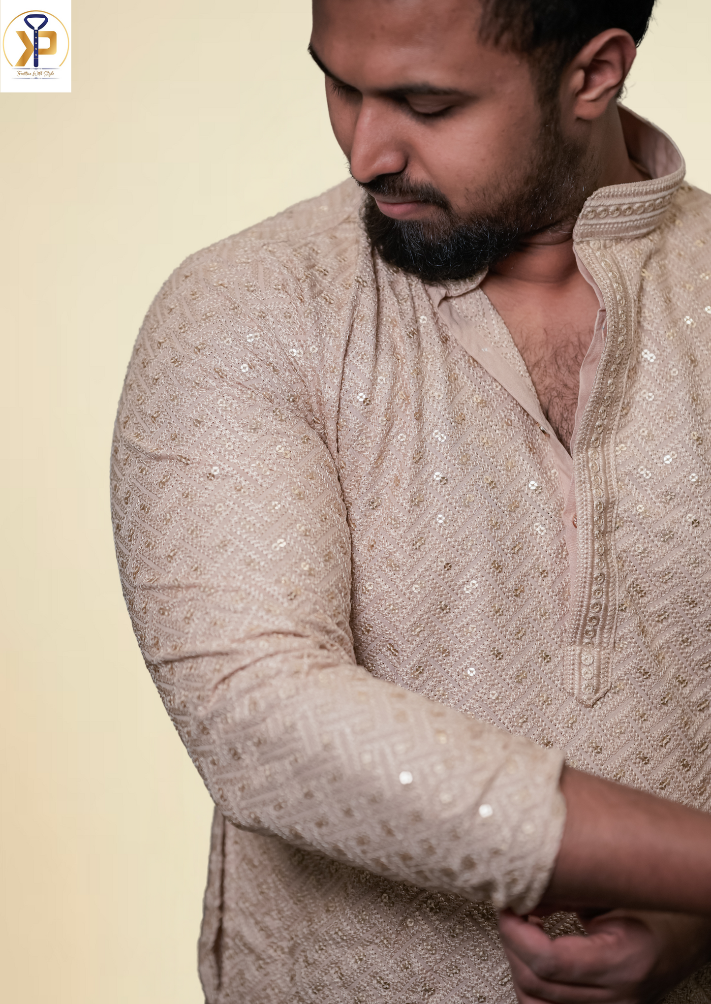  Beige Mirror Work Kurta Pyjama 
