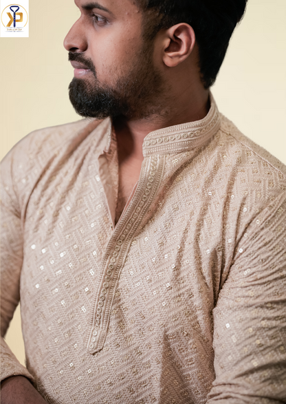 Beige Kurta Pyjama with Mirror Work Detailing