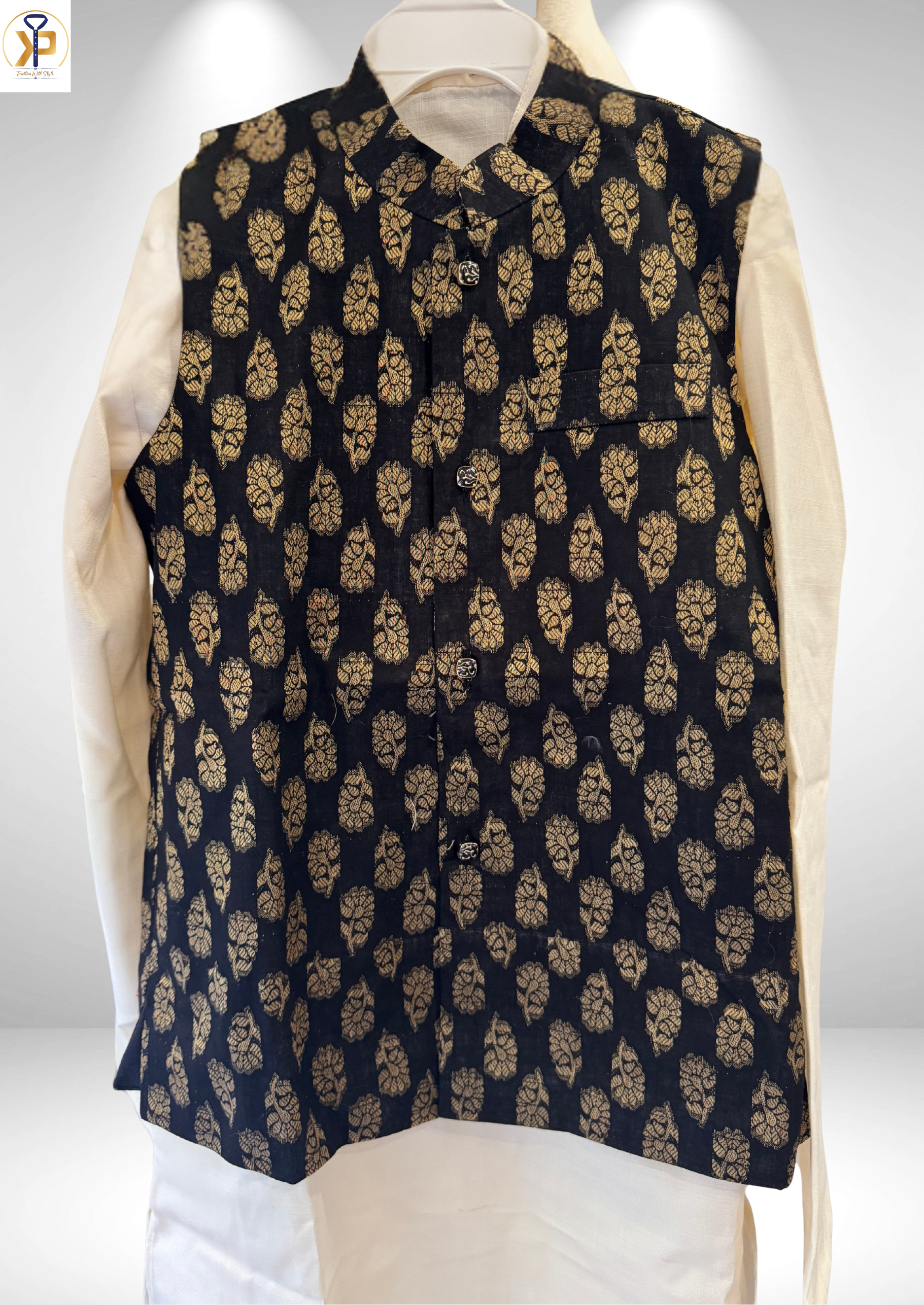 cream kurta and black nehru jacket kids