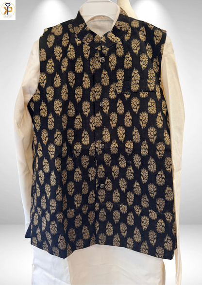 cream kurta and black nehru jacket kids