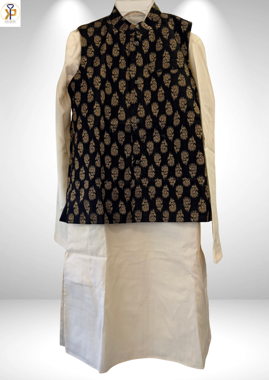 cream kurta and black nehru jacket for kids