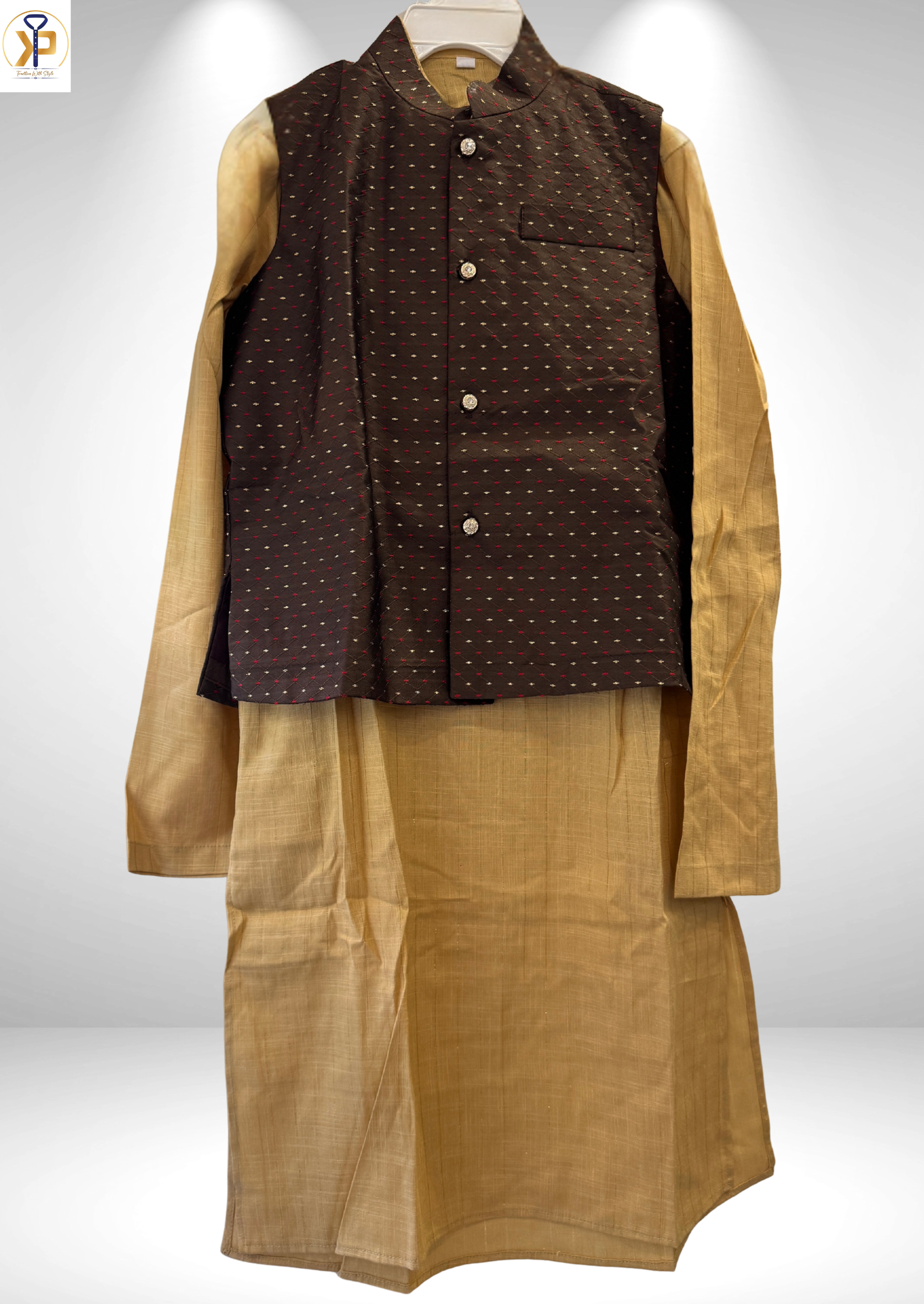 mustard kurta and brown nehru jacket kids