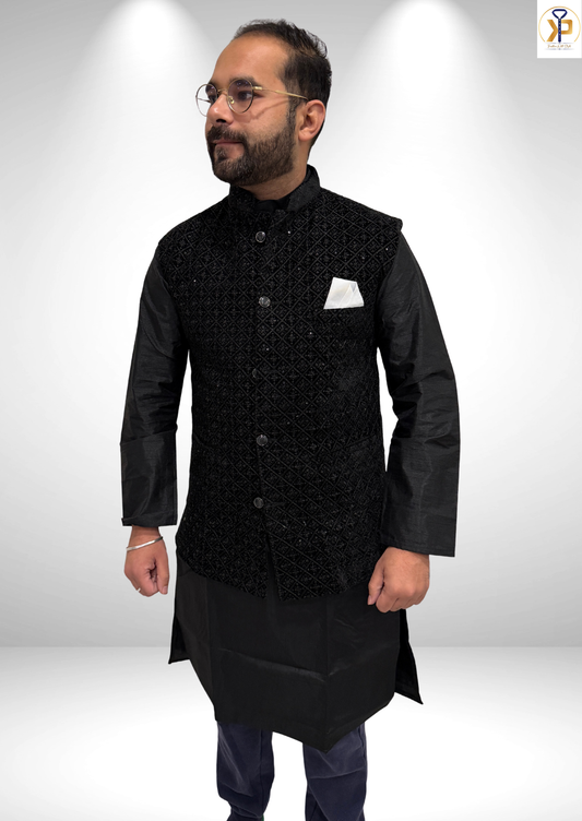 KPD5209 Black Kurta Pyjama and Velvet Black Nehru Jacket Set