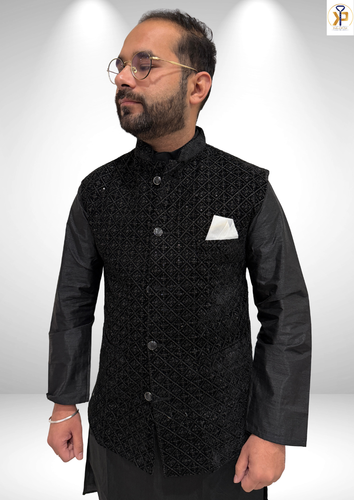 KPD5209 Black Kurta Pyjama and Velvet Black Nehru Jacket Set