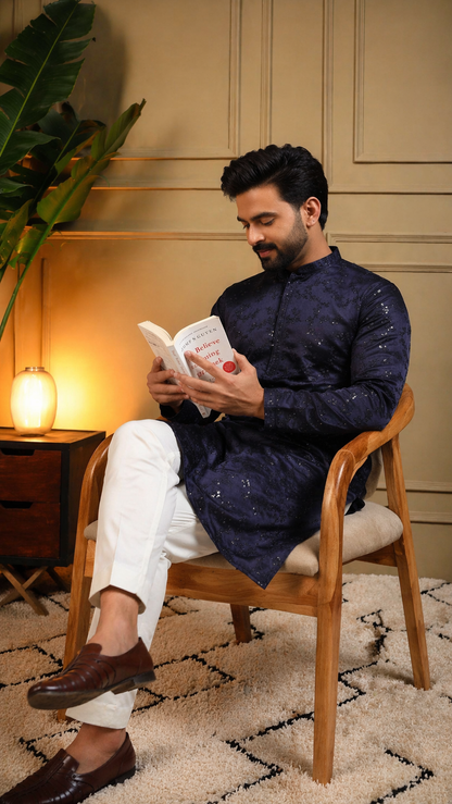 KPD6210 Blue Royal Silk Sequin Kurta Pyjama Set