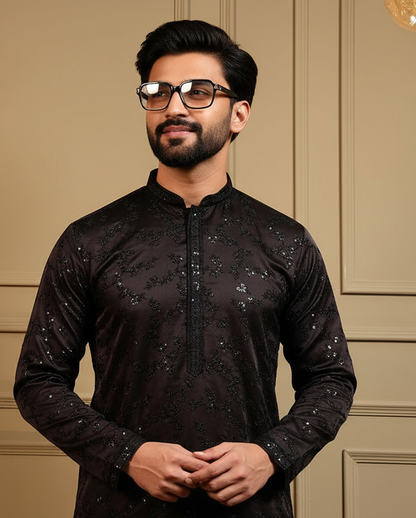KPD6211 Black Royal Silk Sequin Kurta Pyjama Set