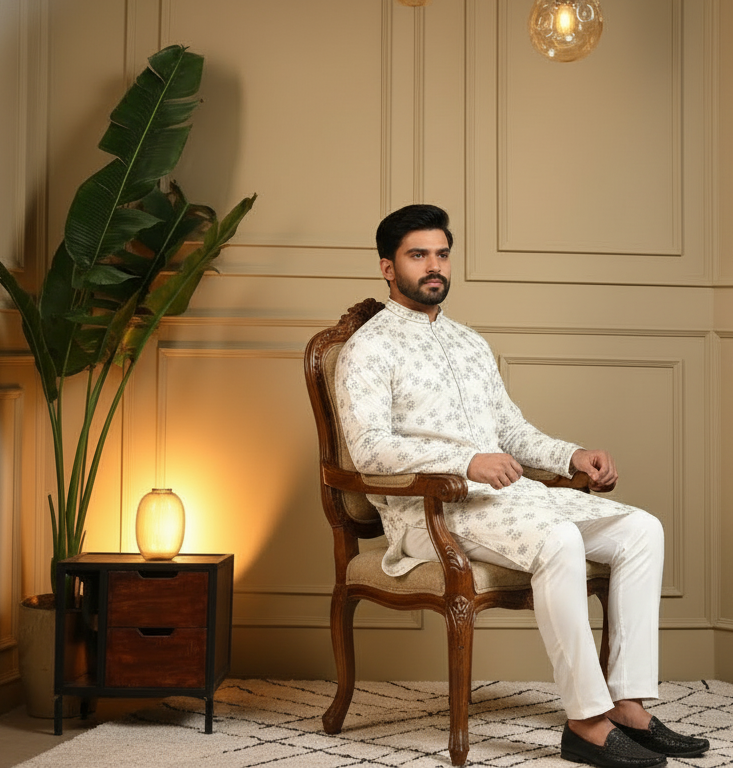 KPD6212 White Royal Silk Sequin Kurta Pyjama Set