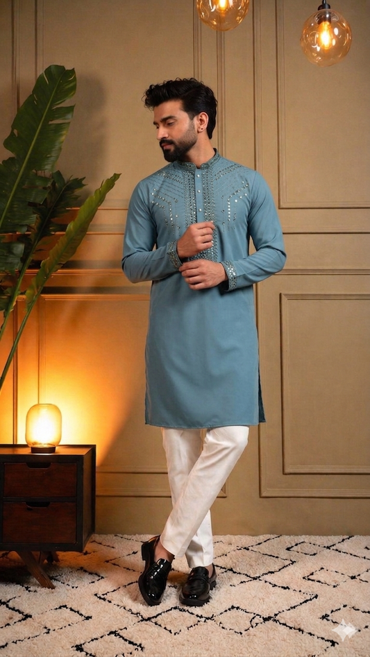 KPD6214 Light Teal Blue Mirror Work Kurta Pyjama Set