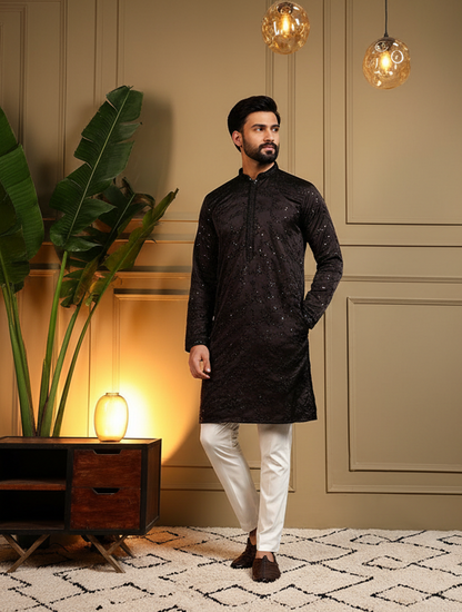 KPD6211 Black Royal Silk Sequin Kurta Pyjama Set