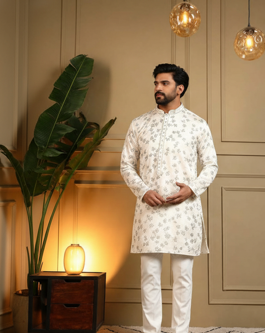 KPD6212 White Royal Silk Sequin Kurta Pyjama Set