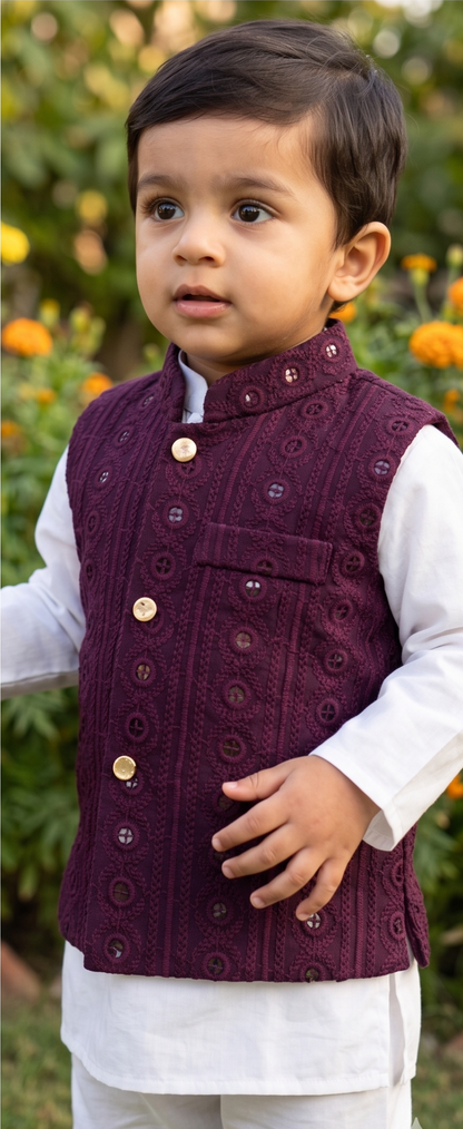 KPK2017 Wine Nehru Jacket and White Kurta Pyjama Set