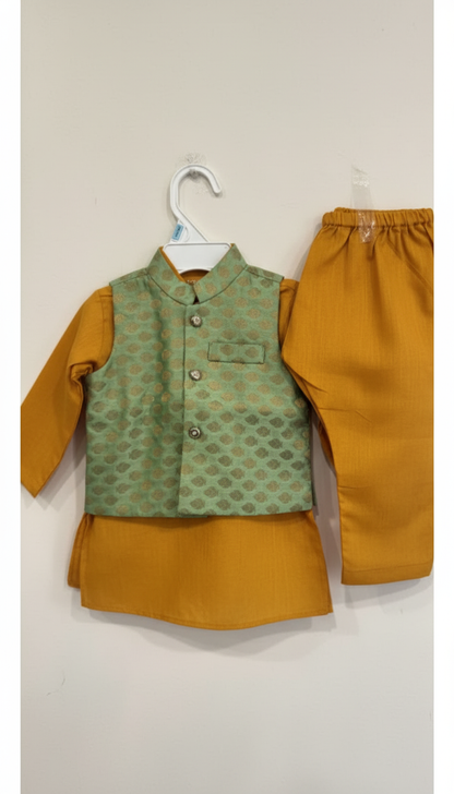 KPK7110 Mustard Kurta Pyjama and Green Nehru Jacket Set