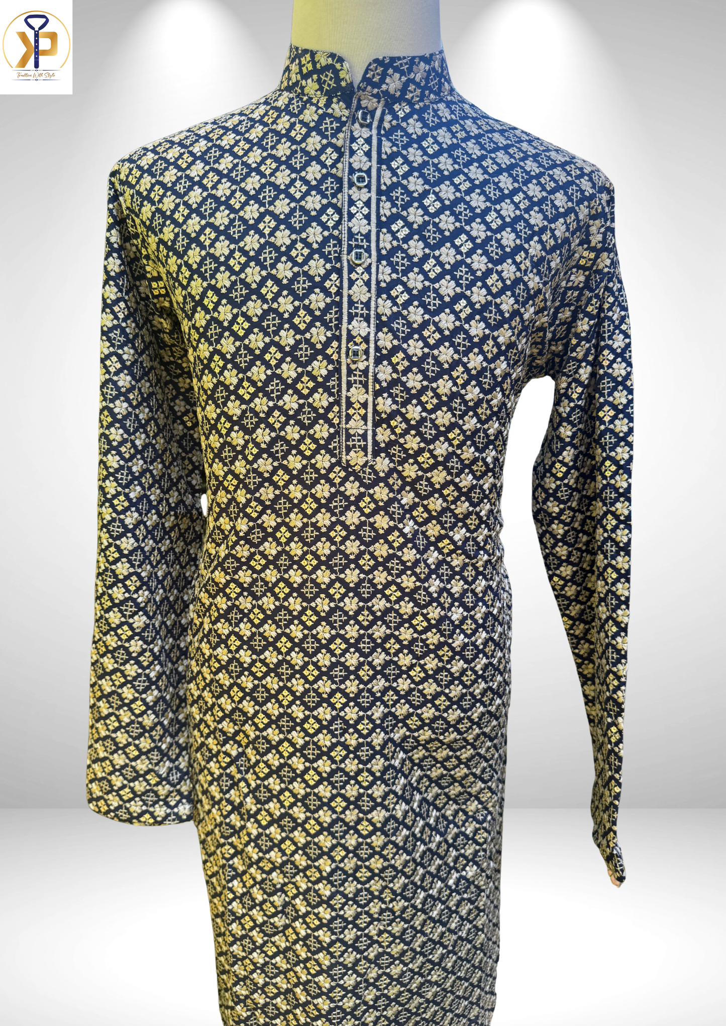 dark blue thread work sequence kurta set