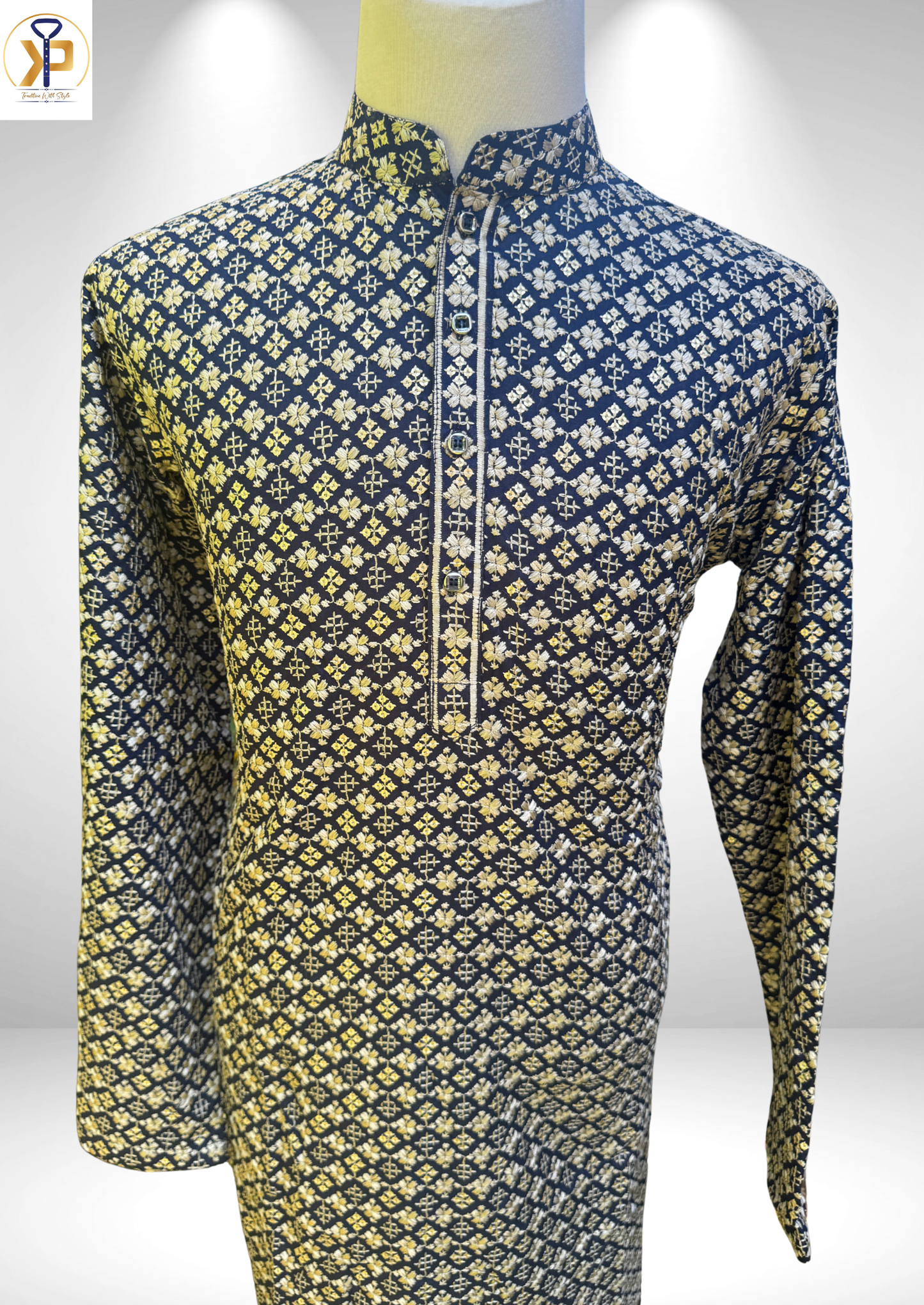 dark blue thread work sequence kurta set for men