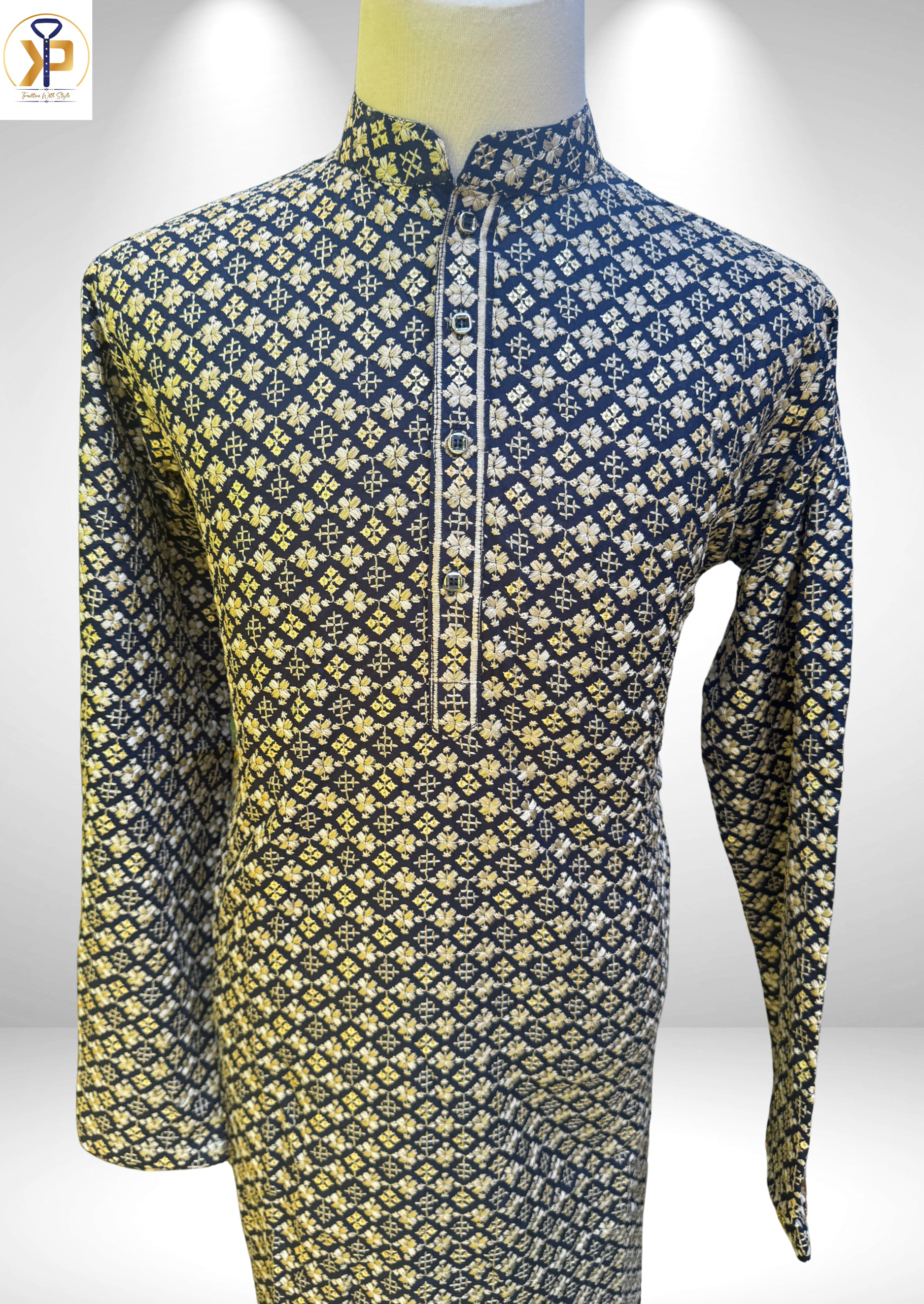 dark blue thread work sequence kurta set for men