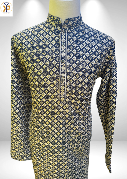 dark blue thread work sequence kurta set for men