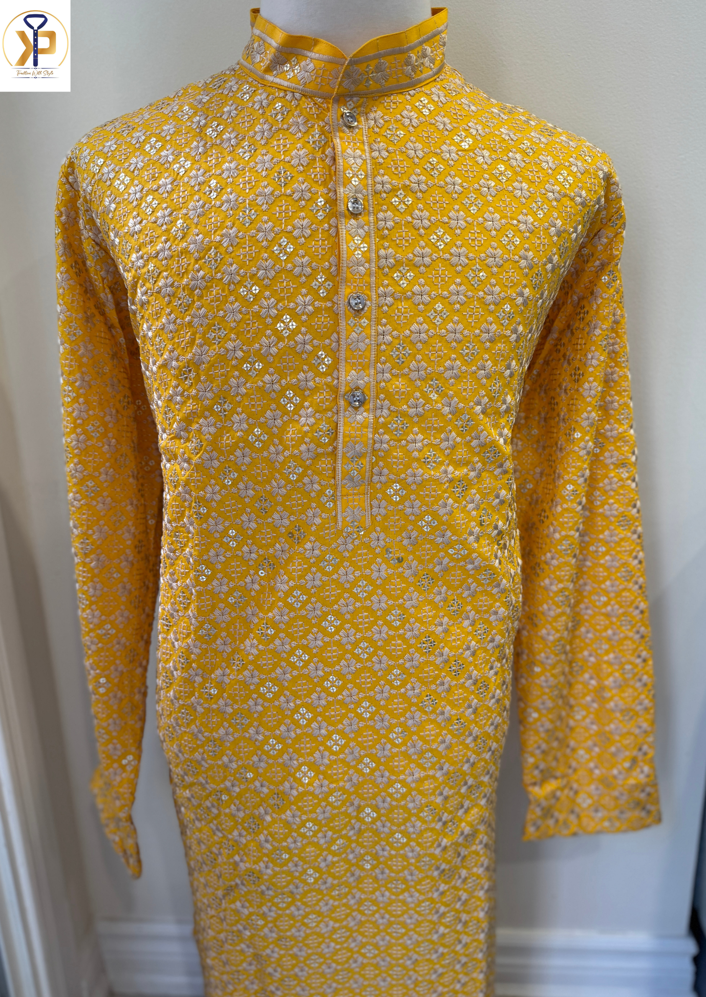 yellow sequence work kurta pyjama for men