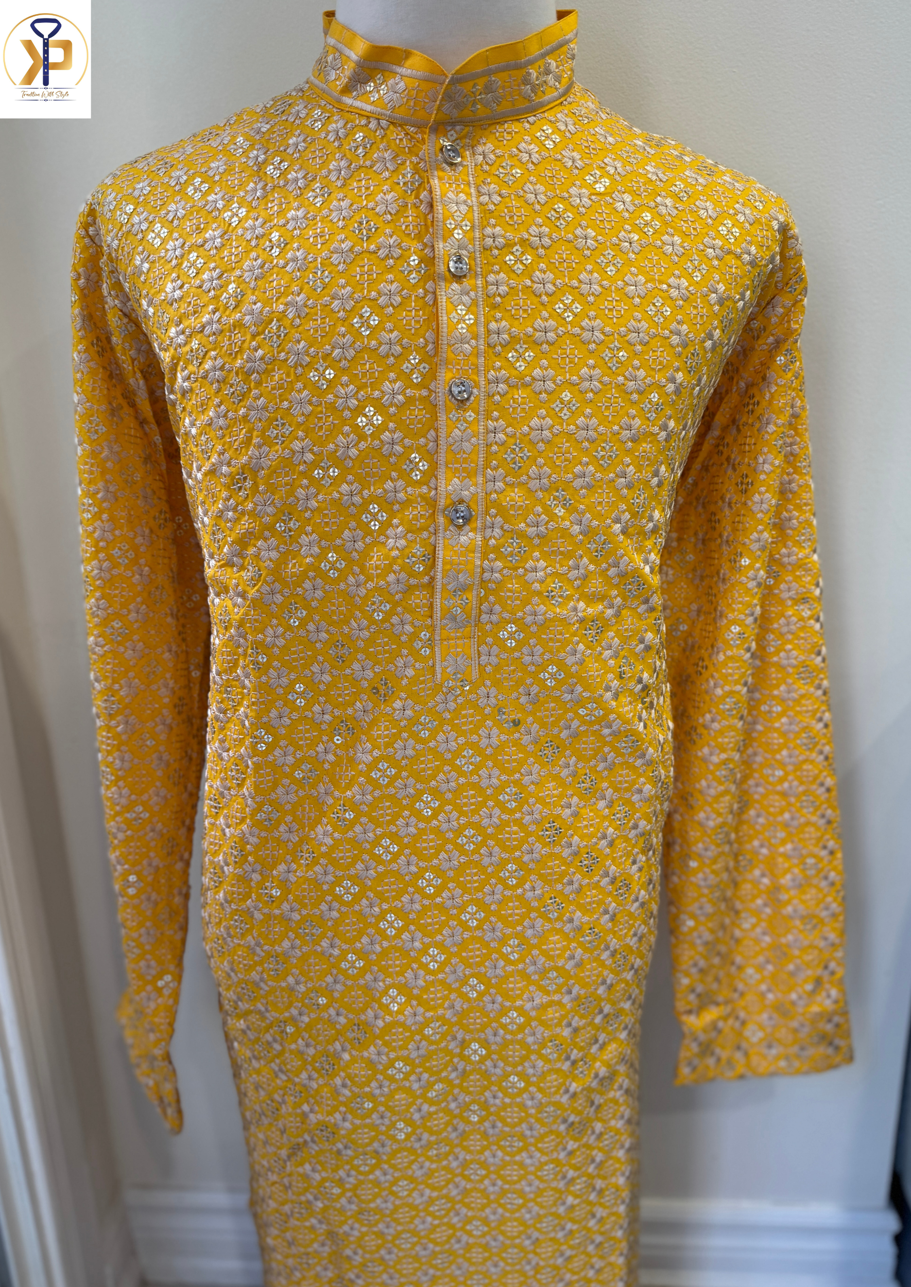 yellow sequence work kurta pyjama for men