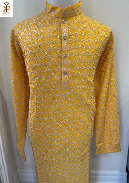 yellow sequence work kurta pyjama for men