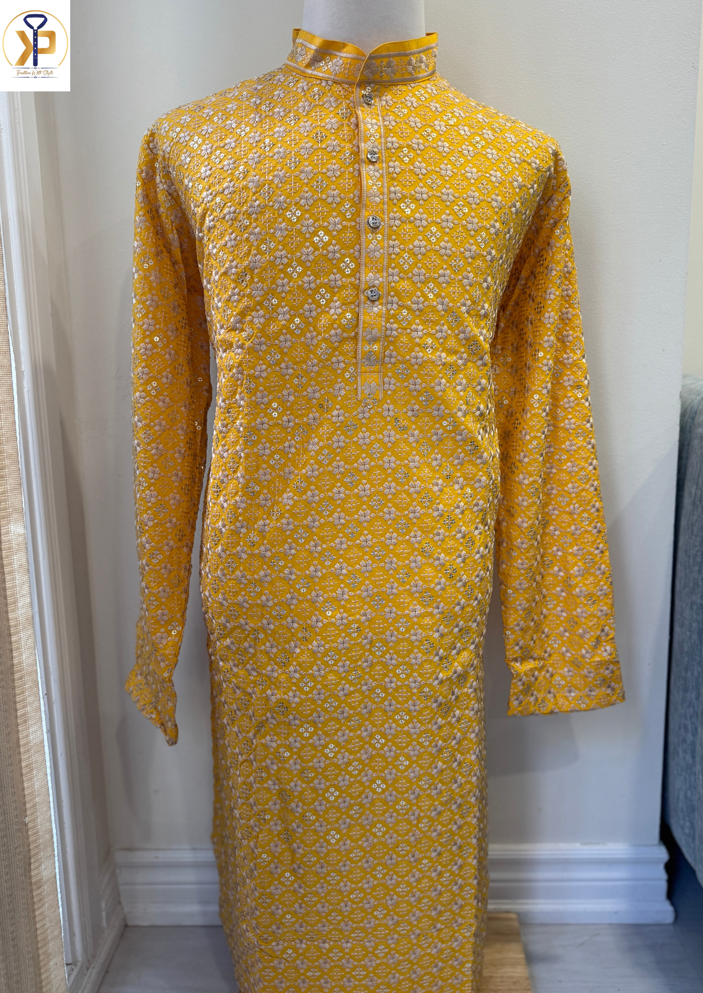 yellow sequence work kurta pyjama