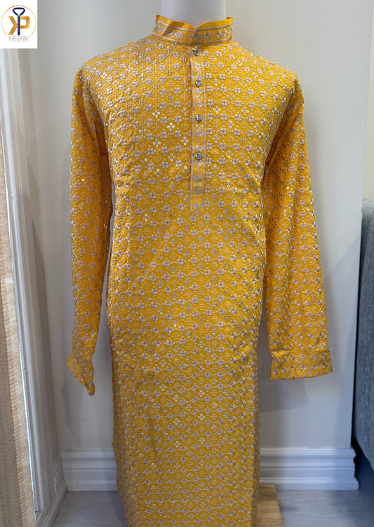 yellow sequence work kurta pyjama