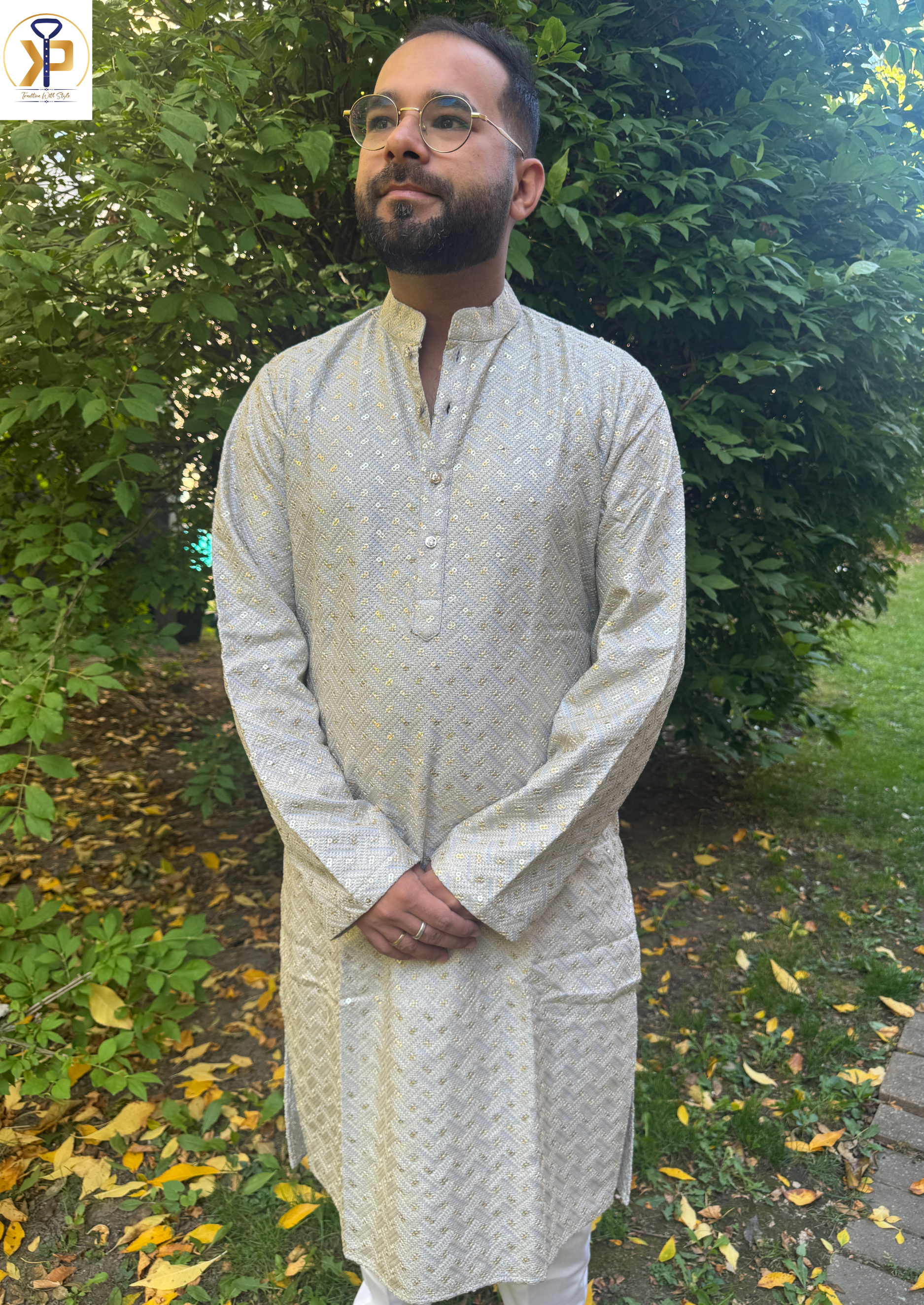 grey sequence work kurta pyjama for men